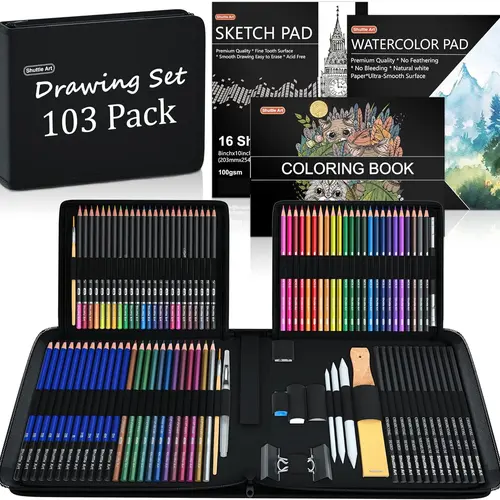Shuttle Art 103/116/124 Pack Drawing Pencils Set, Sketching and Drawing Art Set with Colored Pencils, Sketch and Graphite Pencils in Portable Case, Drawing Supplies for educational, Adults and Artists,coloring book