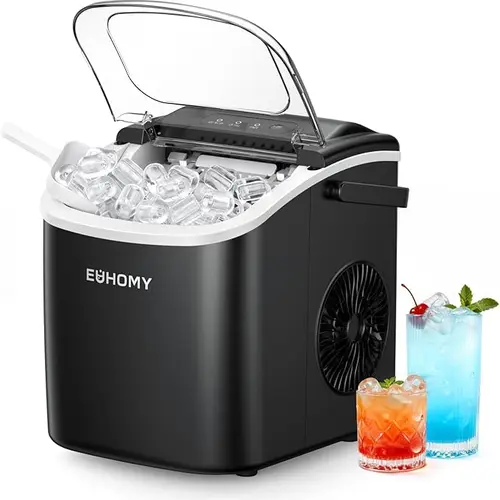 EUHOMY Ice Maker Countertop with Handle, 26lbs in 24Hrs, 9 Ice Cubes Ready in 6 Mins, Auto-Cleaning Portable Ice Maker with Basket and Scoop, for Home/Kitchen/Camping/RV.