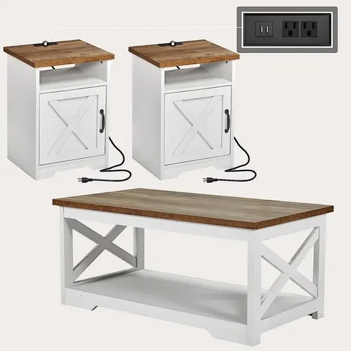 AMERLIFE 3-Piece Farmhouse Table Set Includes Coffee & Two End, Side Table with Charging Station and USB Ports, for Living Room, Bedroom/Best Gift Ideas/Christmas Gifts[tiktokshopbacktoschool][SohoChic]