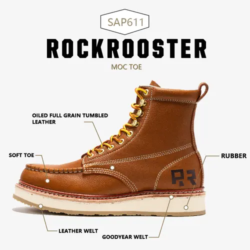 ROCKROOSTER Norwood Soft Toe Men's 6-inch Wedge Work Boots Closed Moc Toe Safety Water Resistant Leather Boots with PORON Materials & Rubber Outsoles ASTM F2892-18 EH Compliant - Walking Shoes