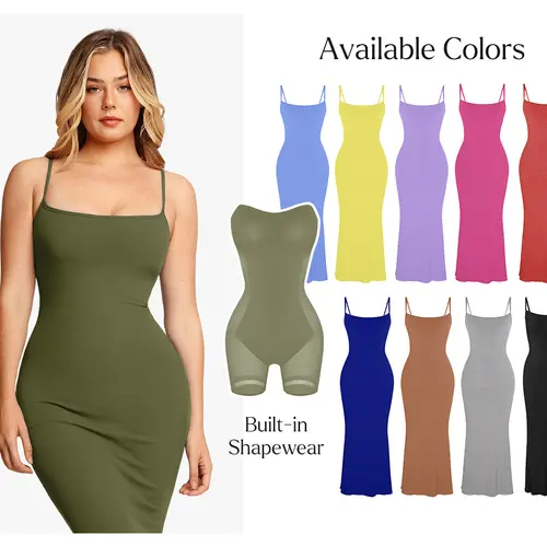 Popilush Bodycon Dress Spaghetti Strap Shapewear Tummy Control Soft Fabric Maxi Midi Min Fit Ribbed