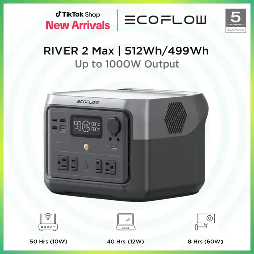 ECOFLOW RIVER 2 Max Portable Power Station, 499Wh / 512Wh, 500W Up to 1000W, LFP Battery, Solar Panel Optional for Outdoor Camping/RVs/Home Use
