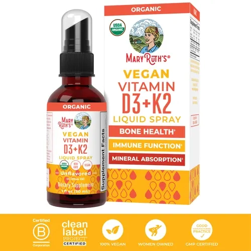 MaryRuth's Organic Vitamin D3+K2 Liquid Spray - Bone Health - Immunity - Calcium Absorption - CLP Purity Award - Vegan - Non-GMO - Gluten Free - 1 Fl Oz