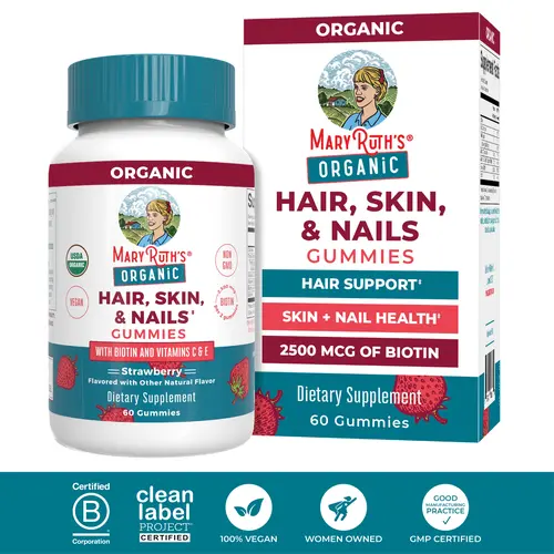 MaryRuth's Hair Skin and Nail Vitamins - USDA Organic - Biotin, Vitamin C & Vitamin E - Hair & Skin Health - Nail Growth - For Ages 14+ - 60 Count