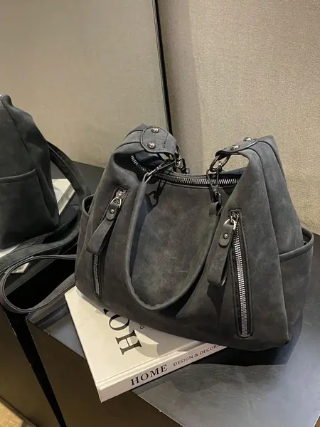 PU hobo bag solid color zipper large capacity college students novice white-collar office business commuting work bag Fashion Studded Decor Solid Color Zipper Shoulder Bag, Women's Trendy Crossbody Bag for School & Party Crossbody Handbags
