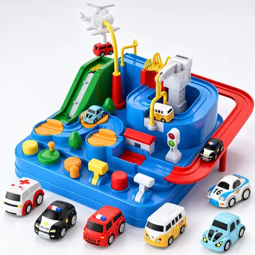 Car Adventure Toy Race Track Playset for Toddlers 3-5, Interactive City Rescue Puzzle with 6 Buttons 8 Challenges & Mini Cars, STEM Motor Skills Educational Gift for Boys Girls