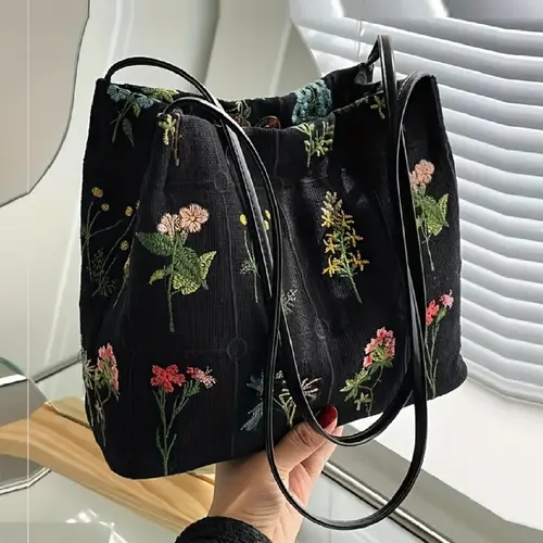 National Day Offers Random Floral Embroidered Canvas Shoulder Bag, Fashionable Large Capacity Tote Bag For Women, Trendy Women's Shopping Bag