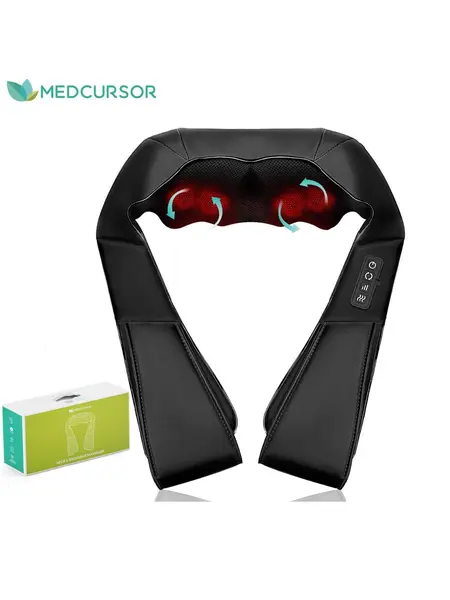 Medcursor Neck & Shoulder Massager Device with Heat - 16 Deep-Kneading Shiatsu Nodes, Adjustable Intensity, Portable Faux Leather Relaxer, Adults' Men's Stuff, Unique Gifts for Man (Birthday, Anniversary Gift for Him)