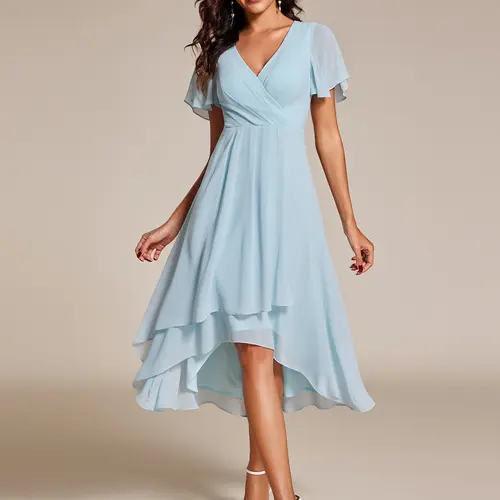 EVER PRETTY Women's High-Low Chiffon Dress with Flutter Sleeves, Elegant V-Neck Formal Cocktail Gown for Wedding Guest Parties, Formal Elegant Dress, Shortsleeve, Elegant Dresses For Women