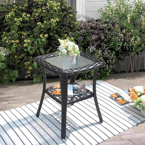 【SohoChic Sale】Ovios Outdoor Patio Side Table with Tempered Glass Top, Wicker Rattan Coffee End Table with Storage Shelf, All-Weather Table for Balcony Backyard Deck Porch Garden Seating Area