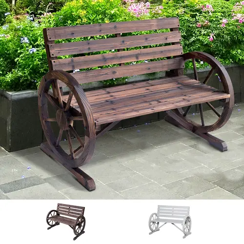 Outsunny 2-Person Wooden Garden Bench, Outdoor Wagon Wheel Porch Bench for Backyard Garden, Rustic Country Style Patio Furniture,sohochic