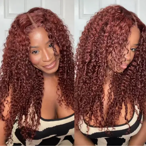 UNice Glueless Reddish Brown Jerry Curly Pre-cut 7x5 HD Lace Wigs Human Hair with Bleached Knots, Beginner-Friendly Natural Scalp Summer Wig, Glueless Wig,sohochic
