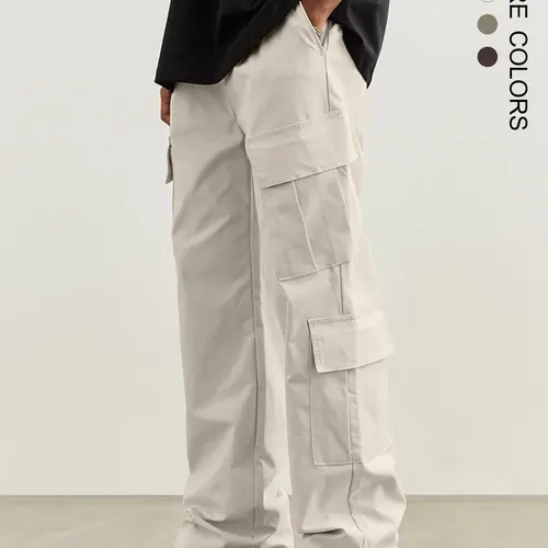 Men's Plain Drawstring Waist Cargo Pants, Loose Street Casual Flap Pocket Wide Leg Trousers, Summer Pants for Men, Men Bottoms for Spring & Fall, Casual Fashion Loose