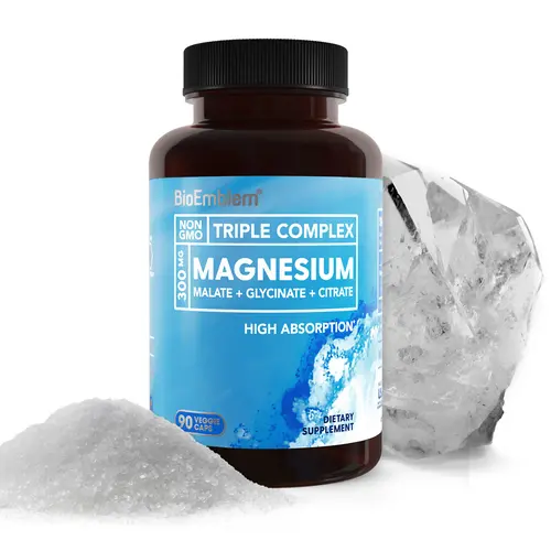 BioEmblem Triple Magnesium Complex, 300mg Elemental Per Serving (Glycinate-Malate-Citrate Blend), High-Absorption Mineral Supplement, NSF Certified for Sport, Vegan GMO-Free Capsules, Supports Active Days, Muscle & Brain Health