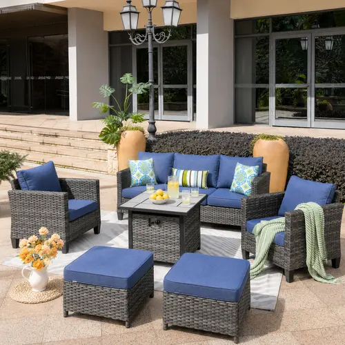 【SohoChic Sale】Ovios 6-Piece Outdoor Patio Furniture Set with 30" Propane Fire Pit Table, All-Weather Wicker Conversation Set with Cushioned Sofa & Chairs for Backyard, Garden, Deck & Patio