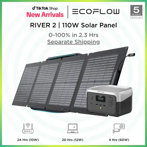 EcoFlow Portable Power Station RIVER 2 with 110W Portable Solar Panel , 243Wh LFP Battery/ 1 Hour Fast Charging