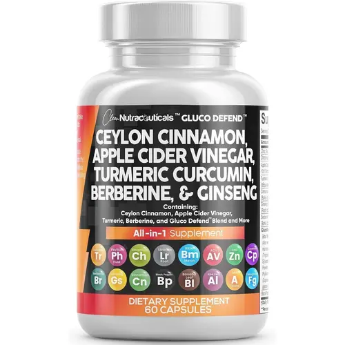 Clean Nutraceuticals Ceylon Cinnamon, Apple Cider Vinegar, Turmeric Curcumin, Berberine & Ginseng Herbal Wellness Blend Capsules for Women and Men – Gluco Defend