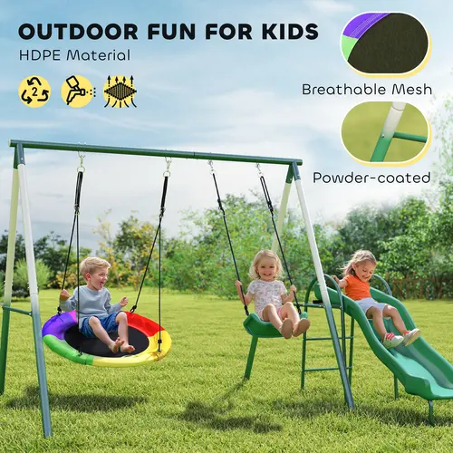 #Summervibe Outsunny Swing Set for Backyard, Heavy-Duty A-Frame Stand Outdoor Playset for Kids, with Saucer Swing, Slide, Swing Seats, Glider Set,sohochic