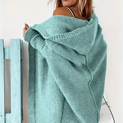 Women's Plain Basic Drop Shoulder Hooded Midi Loose Knitting Cardigan Without Top, Casual Chic Lady Fashion Style Long Sleeve Open Front Knitting Knitwear Fit for Daily Outdoor Wear, Women Knitwear Womenswear