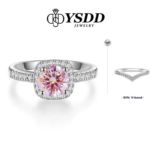 【#120 Buy 1 Get 1】Sakura Pink Moissanite Classic Sqaure Halo Ring Syntheic Moissanite Solid Silver