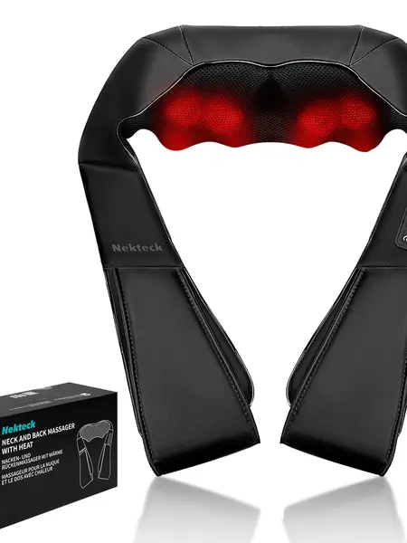Shiatsu Neck and Back Massager with Soothing Heat, Ergonomic 8 Deep-Kneading Massage Nodes with Heat Electric Shiatsu Back Massager for Neck Shoulder & Body Muscle Relief Portable 12V DC Power Supply - Black