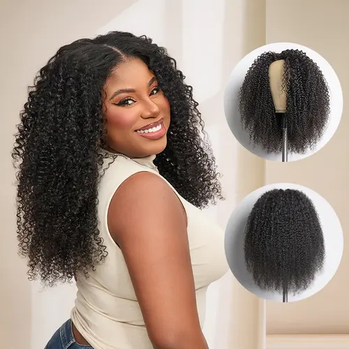 LUVME Female V-Part Half Wig, Glueless Curly Texture Real Hair Extensions for Beginners, 180% Density Virgin Human Curly Wavy Hair with Adjustable Cap Drawstring, No Leave Out Needed, Natural Flow
