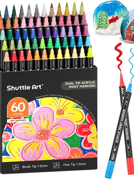 Shuttle Art 48/60 Colors Dual Tip Acrylic Paint Markers - Brush & Fine Fiber Tips, Assorted Colored Drawing & Painting Supplies for Rock Painting, DIY Crafts, Students, Multi-Surface Use on Ceramic, Wood & More