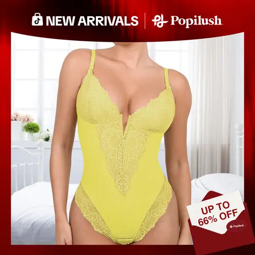 Popilush Lace Bodysuit Deep V Neck Sleeveless Shapewear Seamless Tummy Control Comfort SohoChic Gift For Her Going Out Concert Party