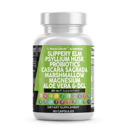 Clean Nutra Slippery Elm, Psyllium Husk, Cascara Sagrada, Marshmallow, Magnesium, Aloe Vera Root & DGL for Pre Probiotic Digestive Gut Health Supplement - GI Defend