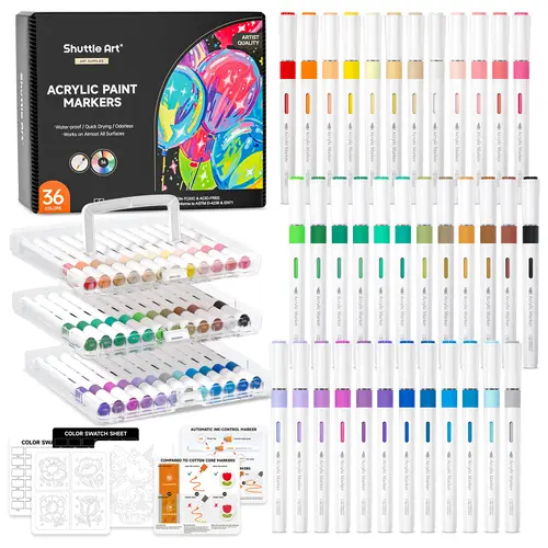 Shuttle Art Automatic Ink Control Acrylic Paint Markers, 24/36/60/96 Colors Brush Tip Acrylic Paint Pens for Rock Painting, Ceramic, Wood, Canvas, Glass, Stone, Fabric, Card Making, DIY & Art Supplies modelpaintingmarkers,Pastel,Metallic