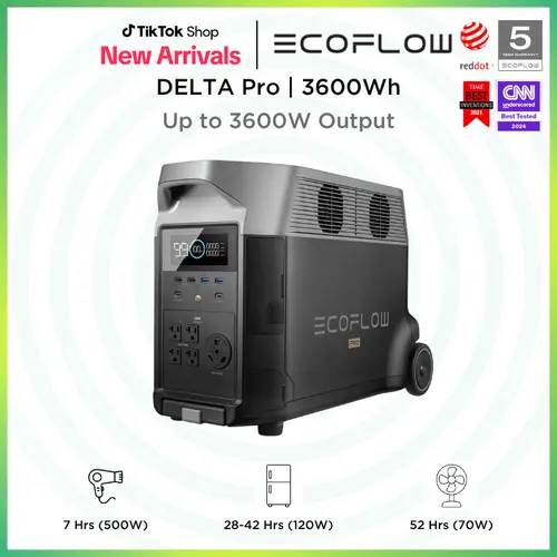 DELTA Pro, 3600Wh, 3600W Output, EcoFlow Portable Power Station, 2.7H to Full Charge, 5 AC Outlets,  120V LFP Battery with Expandable Capacity