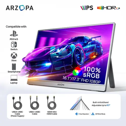 ARZOPA 16.1'‘/17.3'' 60Hz Portable Monitor| 103% sRGB FHD 1080P| Laptop Second Screen| External Screen for PC/Mac/Xbox/Switch/PS5|IPS Display| Computer Display| HDR External Screen| Game| Workfromhom