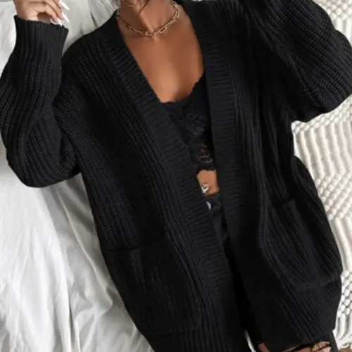 Women's Halloween Themed Plain Textured Drape Pocket Open Front Cardigan, Casual Style Long Sleeve Loose Fit Cardigan, Ladies Knitwear for Fall Daily Wear Womenswear Tops Basic