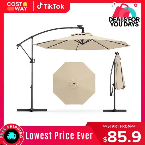 COSTWAY 10 FT 360° Rotating Solar Patio Umbrella, Offset Cantilever Outdoor Umbrella with 360 Degree Rotation, Aluminum Pole, Easy Tilt Adjustment, Crank Handle & Cross Base for Pool Deck Garden Backyard
