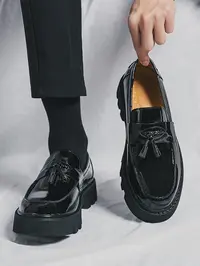 Men's PU Leather Slip On Loafer Shoes, British Style Fashion Trendy Fringe Round Toe Thick Sole, Casual All-Season Medium Width Footwear