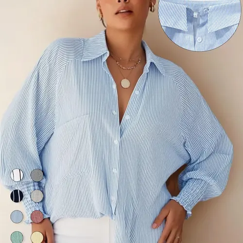 Plus Size Striped Print Button Front Pocket Shirred Blouse, Casual Bishop Sleeve Top for Daily Holiday Wear, Women's Clothes for Spring & Fall