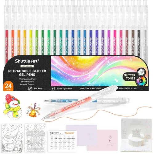 Shuttle Art Vivid Glitter Glow Gel Pens Set, 24 1.0mm Bold Point Retractable Colored Ink Pens & Refills for Adults, Scrapbook, School & Office Stationery Supplies