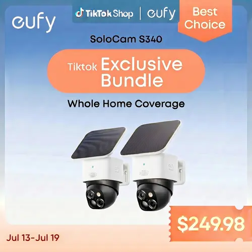[Exclusive Bundle] eufy SoloCam S340, 360° Pan & Tilt Solar Security Camera 2.4 GHz Wi-Fi No Monthly Fee HomeBase S380 Compatible - Ai Auto Lock And Tracking