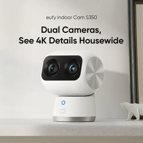 eufy Security Indoor Cam S350, Dual Cameras, 4K UHD Resolution Security Camera with 8× Zoom and 360° PTZ, Human/Pet AI, Ideal for Baby Monitor/Pet Camera/Home Security, Dual-Band Wi-Fi 6, Plug in｜Spingtok, Wifi Security Camera, Wireless Indoor Camera,soho