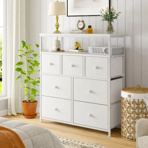 RaybeeFurniture Dresser for Bedroom with 7 Drawers and 2 Shelves, TV Stand Dresser with Wooden Top and Metal Frame, Tall Dressers & Chest of Drawers for Bedroom, Closets,Living Room, Dorm