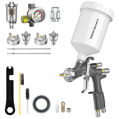 InoKraft DRZZLE D1-LVLP Spray Gun Premium & Basic Full Set, Hardware Power Tool Paint Spraying Tool with Superior Atomization, Efficient Transfer, Easy Operation, Pressure Support, 1-Piece Forged Aluminum Body, Teflon Coating for Car & House DIY Painting
