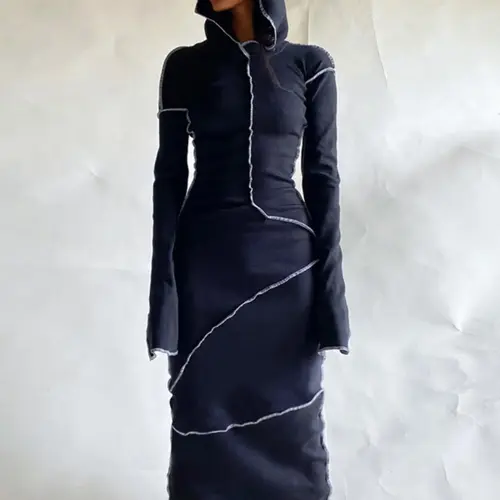 Women's Plain Polyester Drop Shoulder Hooded Bodycon Dress, Casual Chic Everyday Long Sleeve Solid Long Dress for Fall & Winter, Women's Clothing, Fit