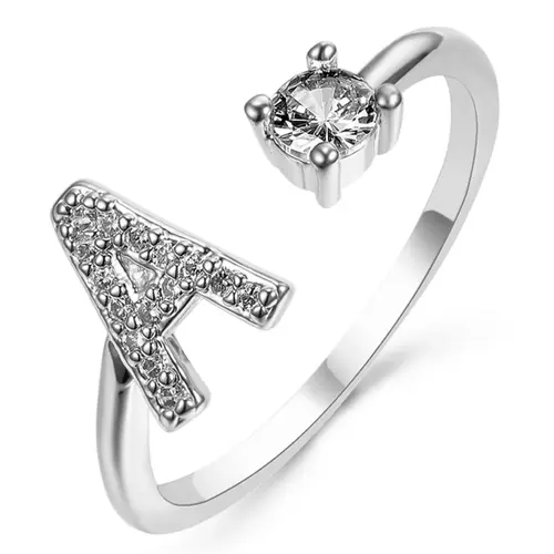 Summer 2026 Creative Letter Cuff Ring with Artificial Zircon Decor, Adjustable Open Ring, Fashion Jewelry for Women & Girls, Copper Statement Ring