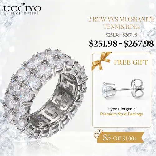 UCCIYO S925 Sterling Silver 2-Row 10mm D Color VVS1 Synthetic Moissanite Unisex Tennis Ring, Diamond Alternative Double Row Ring for Women, Fine Engagement Wedding Jewelry【#R34】