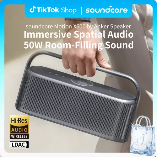 soundcore Motion X600 Portable Bluetooth Wireless 3D Sound Speaker - 50W Hi-Res Spatial Audio, IPX7 Waterproof, Pro EQ, AUX-in, USB-C Rechargeable, Batteries Included, WiFi, Metal Mesh Bass, Compact Multifunctional for Home, Party #tiktokshopsummersale