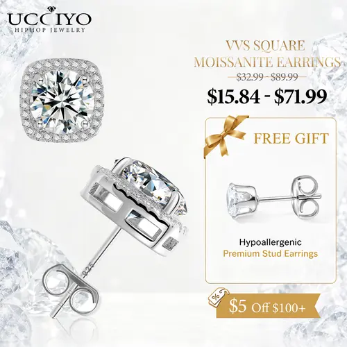 UCCIYO Moissanite Square Stud Earrings S925 Sterling Silver  D VVS Synthetic Moissanite Earrings Women Wedding Jewelry Elegant Jewelry Birthday Gift Anniversary Evening Party【#E203】