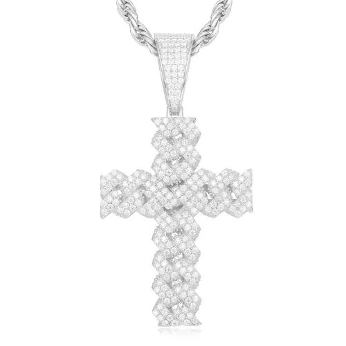 UCCIYO P259 925 Sterling Silver Religious Cross Pendant, D Color VVS Synthetic Moissanite Iced Out Twisted Charm, Exquisite Trendy Statement Necklace for Anniversary, Pendants Jewelry Gift for Men