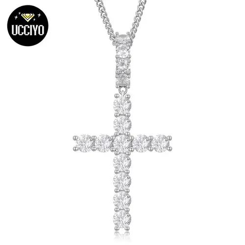 UCCIYO S925 Sterling Silver Unisex Silver Cross Pendant #P66 - Inlaid Synthetic Moissanite, Fashion Necklace, Jewellery Pendant, Casual & Engagement Gift