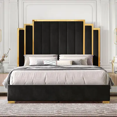 AMERLIFE Bed Frame with 65" Headboard, Upholstered Platform Bed with Golden Plating Trim, Modern Luxury Bed Frame, No Box Spring Needed/No Mattress/Queen/King//Unique Bedroom Furniture/Best Gift Ideas/Christmas Gifts[tiktokshopbacktoschool][SohoChic]