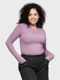 PUMIEY Women's Long Sleeve Cute Top, Slim Fit Double Layer Crew Neck Basic Compression Shirt for Casual and Office Outfits, Fashion Apparel, Women's Clothes, Smoke, Compression Shirts,back to school,back to school shopping, Round Neck, Fabric